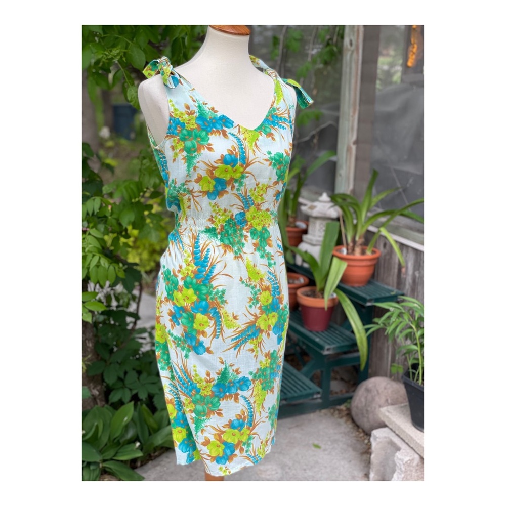 50s 60s Dress Hawaiian Tie Straps Floral - Picture 3 of 11